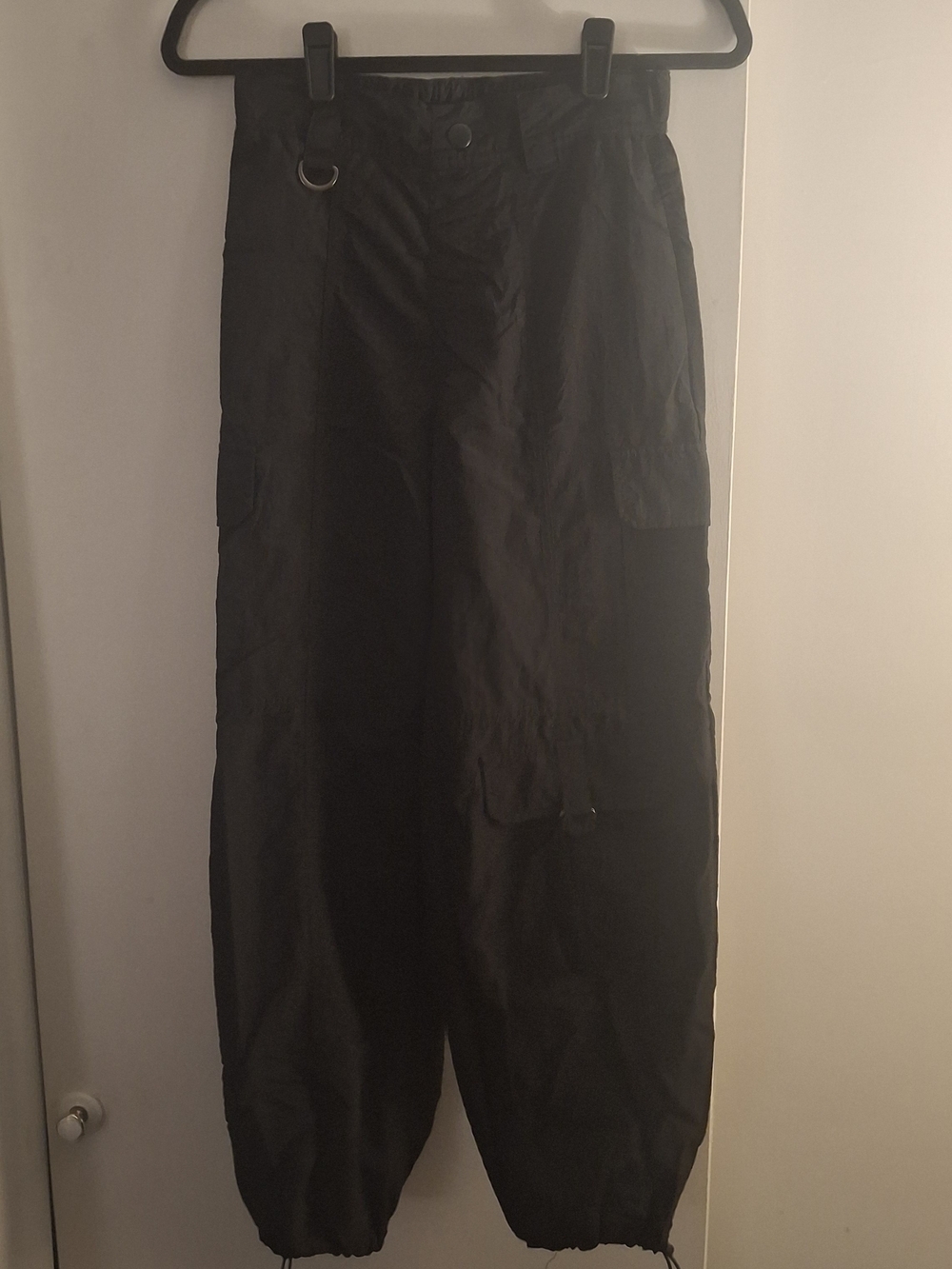 No Boundaries Black Women's Cargo Parachute Pants with Ring Detail